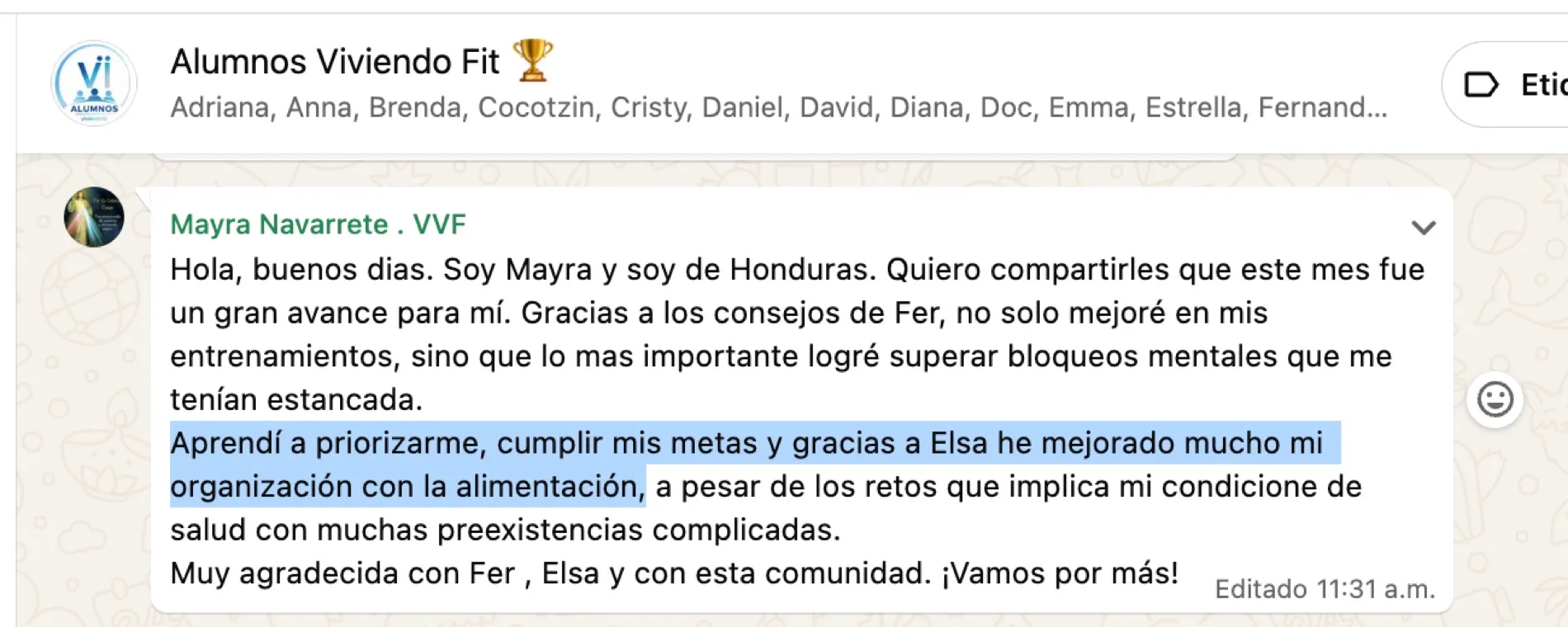 Testimonio de alumna de Viviendo Fit